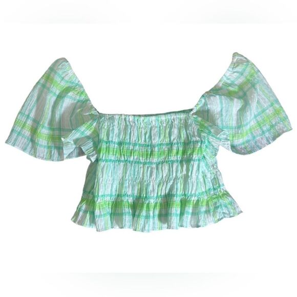 Zara smocked crop top puff sleeve green size large - Picture 7 of 11